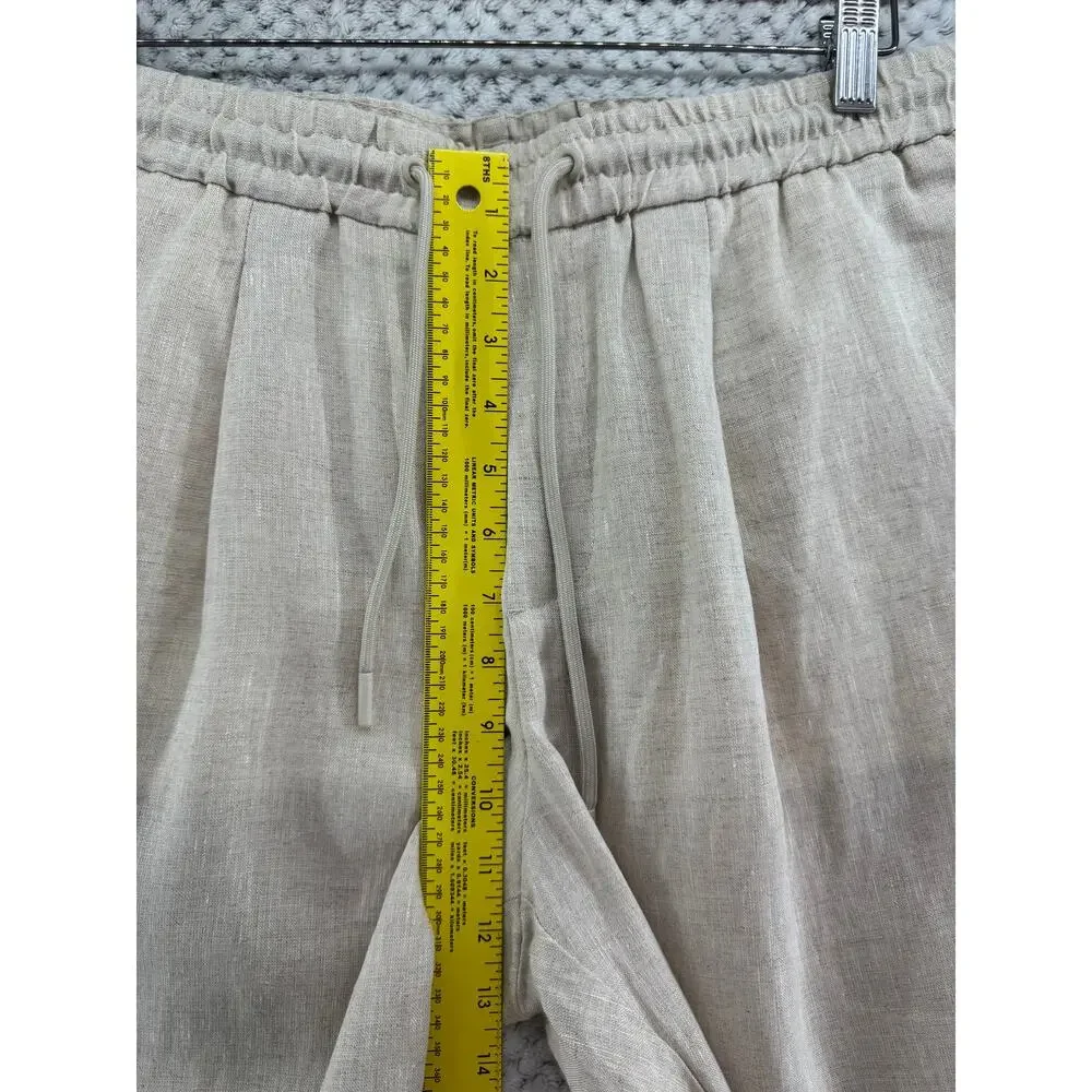 ZARA Linen Pull On Pants Womens Medium Cream Elastic Wasit Pockets High Rise